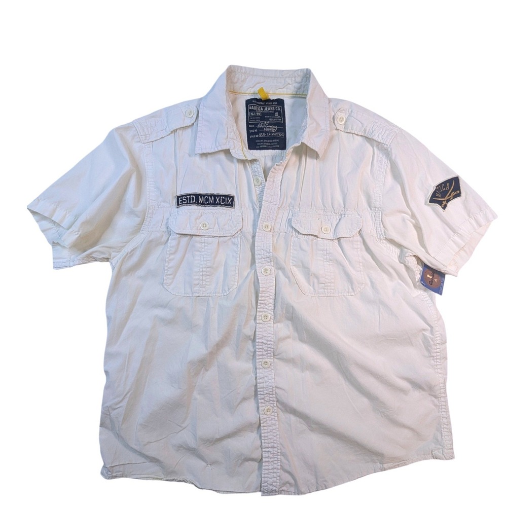 Nautica Jeans Co. Men's XL White Short Sleeve‎ Button-Up Shirt – MCMXCIX Patch